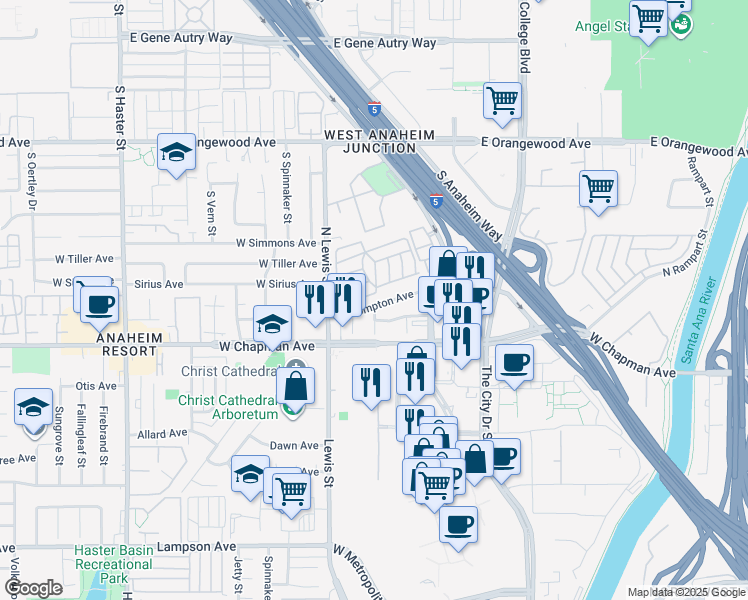 map of restaurants, bars, coffee shops, grocery stores, and more near 3901 West Compton Avenue in Orange