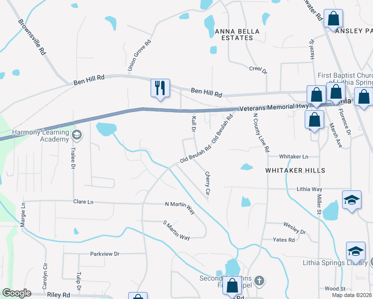 map of restaurants, bars, coffee shops, grocery stores, and more near 6766 Sunset Lane in Lithia Springs
