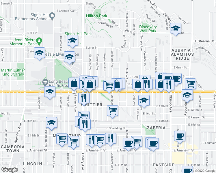 map of restaurants, bars, coffee shops, grocery stores, and more near 1832 Raymond Avenue in Signal Hill