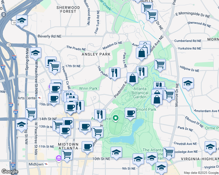map of restaurants, bars, coffee shops, grocery stores, and more near 36 South Prado Northeast in Atlanta