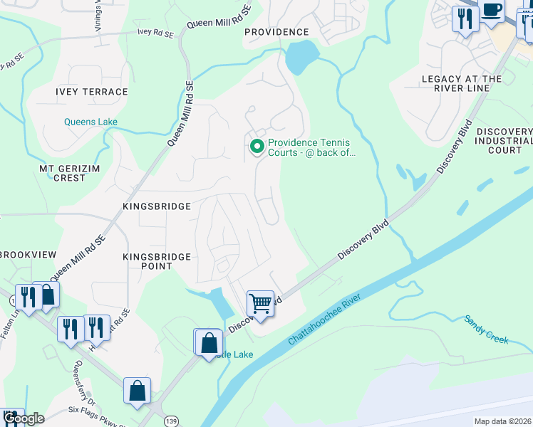map of restaurants, bars, coffee shops, grocery stores, and more near 1113 Regal Hills Lane in Mableton