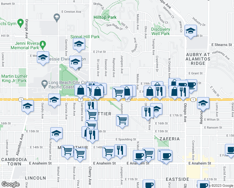 map of restaurants, bars, coffee shops, grocery stores, and more near 1832 Raymond Avenue in Signal Hill