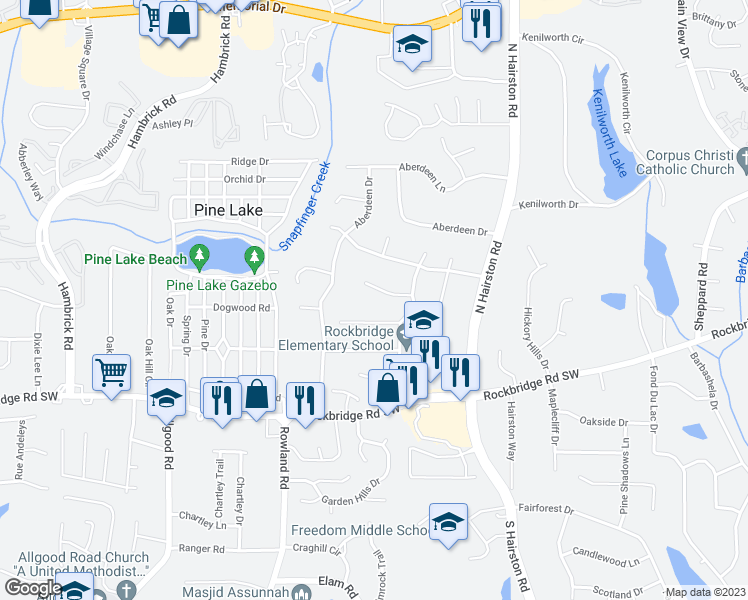 map of restaurants, bars, coffee shops, grocery stores, and more near 4629 ROUSAY Court in Stone Mountain