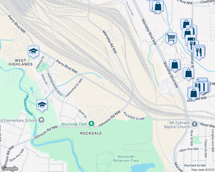 map of restaurants, bars, coffee shops, grocery stores, and more near 1591 Perry Boulevard Northwest in Atlanta