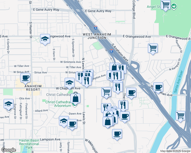map of restaurants, bars, coffee shops, grocery stores, and more near 3901 West Compton Avenue in Orange