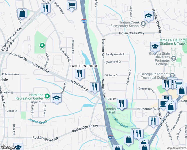 map of restaurants, bars, coffee shops, grocery stores, and more near 567 Lantern Wood Drive in Scottdale