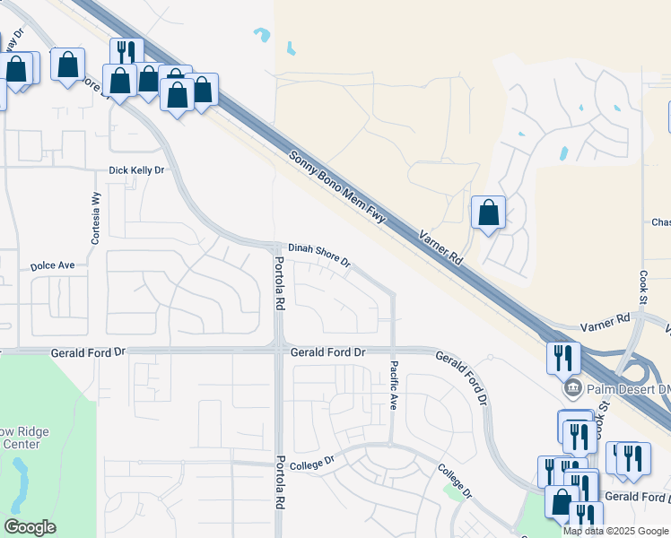 map of restaurants, bars, coffee shops, grocery stores, and more near 74358 Millennia Way in Thousand Palms