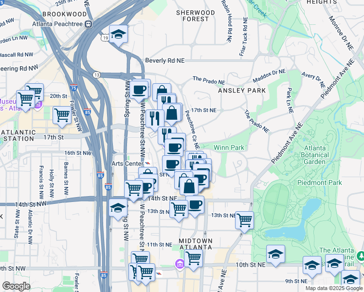 map of restaurants, bars, coffee shops, grocery stores, and more near 1307 Peachtree Street Northeast in Atlanta