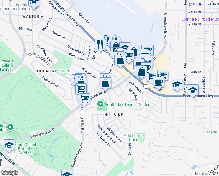 map of restaurants, bars, coffee shops, grocery stores, and more near 25616 January Drive in Torrance
