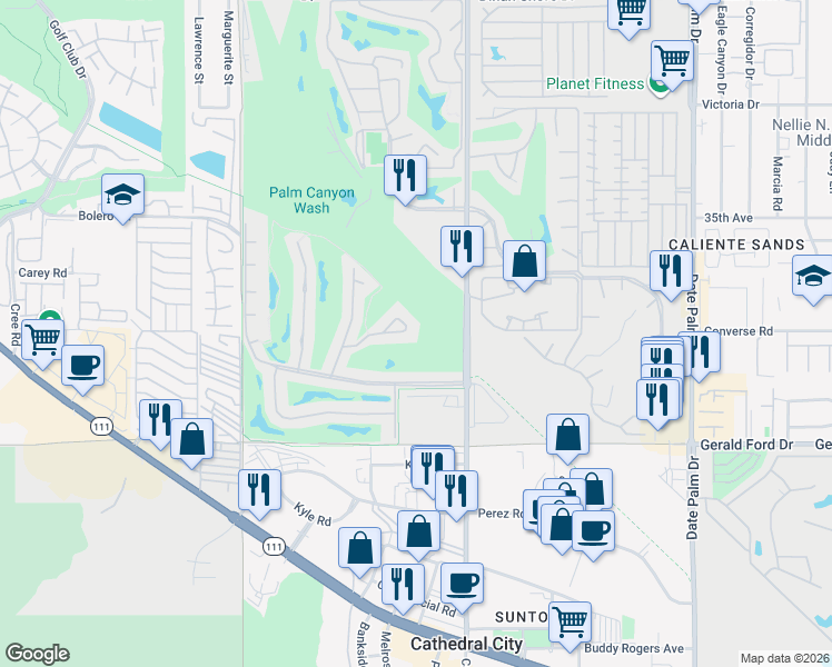 map of restaurants, bars, coffee shops, grocery stores, and more near 7651 Calle Mazamitla in Palm Springs