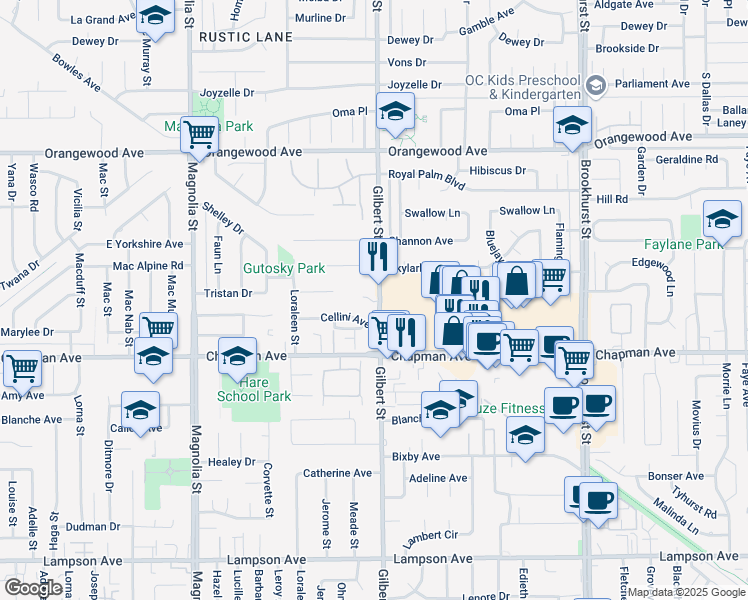 map of restaurants, bars, coffee shops, grocery stores, and more near 11851 Gilbert Street in Garden Grove