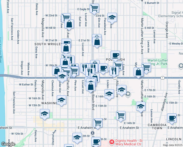 map of restaurants, bars, coffee shops, grocery stores, and more near 1831 Long Beach Blvd in Long Beach