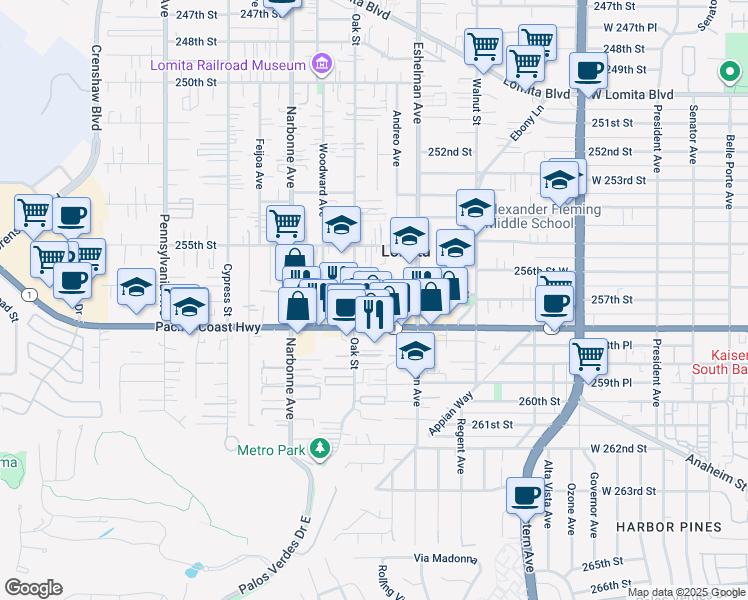 map of restaurants, bars, coffee shops, grocery stores, and more near Oak Street in Lomita