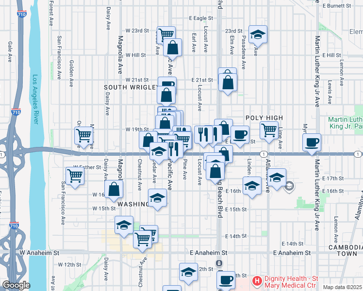 map of restaurants, bars, coffee shops, grocery stores, and more near 1823 Pine Avenue in Long Beach