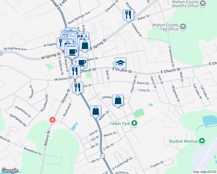 map of restaurants, bars, coffee shops, grocery stores, and more near 500 Davis Street in Monroe