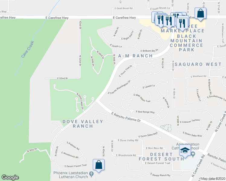 map of restaurants, bars, coffee shops, grocery stores, and more near 4418 East Coyote Wash Drive in Cave Creek