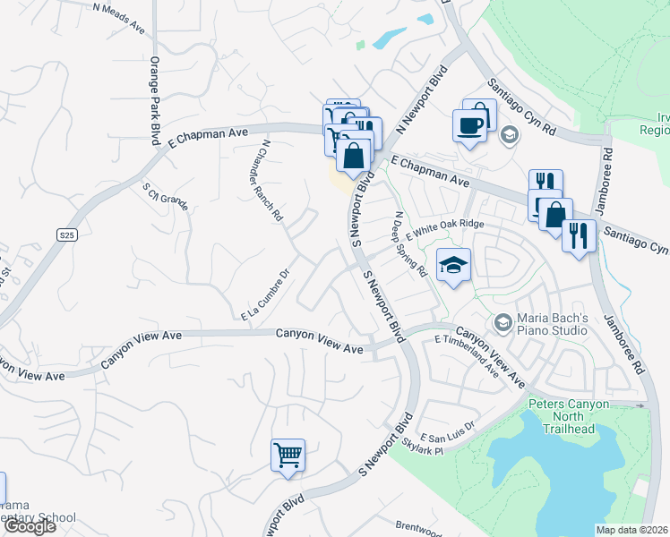 map of restaurants, bars, coffee shops, grocery stores, and more near 7503 East White Oak Ridge in Orange