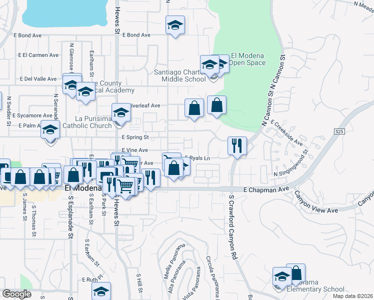 map of restaurants, bars, coffee shops, grocery stores, and more near 19101 East Ryals Lane in Orange