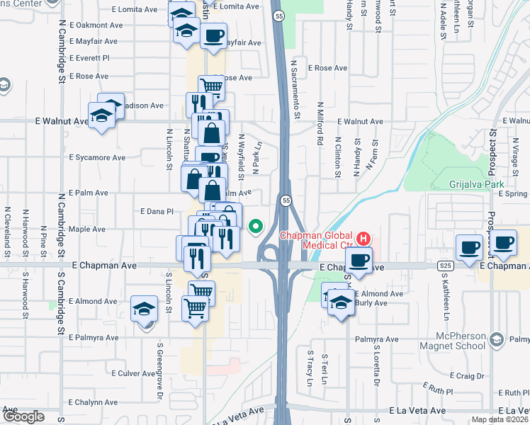 map of restaurants, bars, coffee shops, grocery stores, and more near 246 North Highland Street in Orange