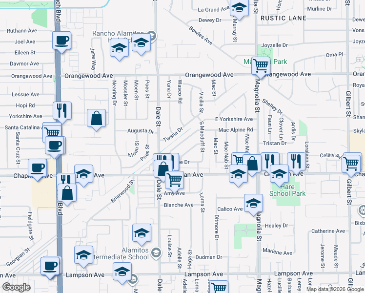 map of restaurants, bars, coffee shops, grocery stores, and more near 8582 Mac Alpine Road in Garden Grove