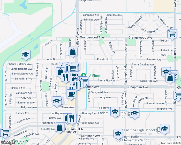 map of restaurants, bars, coffee shops, grocery stores, and more near 11852 Santa Catalina Avenue in Garden Grove