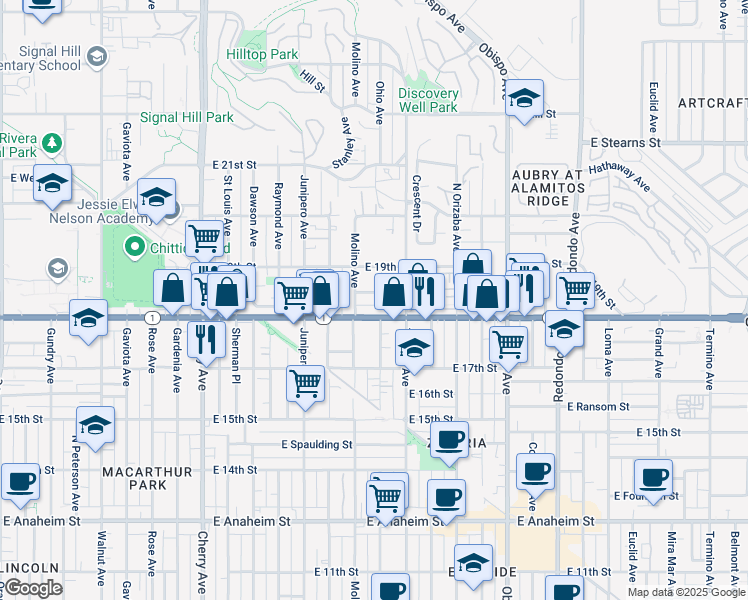 map of restaurants, bars, coffee shops, grocery stores, and more near 1836 Molino Avenue in Signal Hill