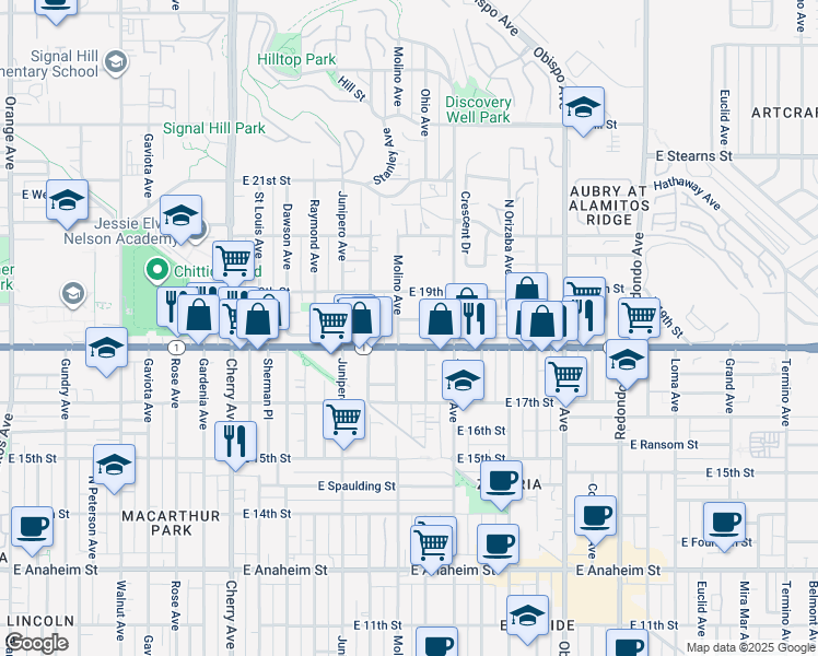map of restaurants, bars, coffee shops, grocery stores, and more near 1836 Molino Avenue in Signal Hill