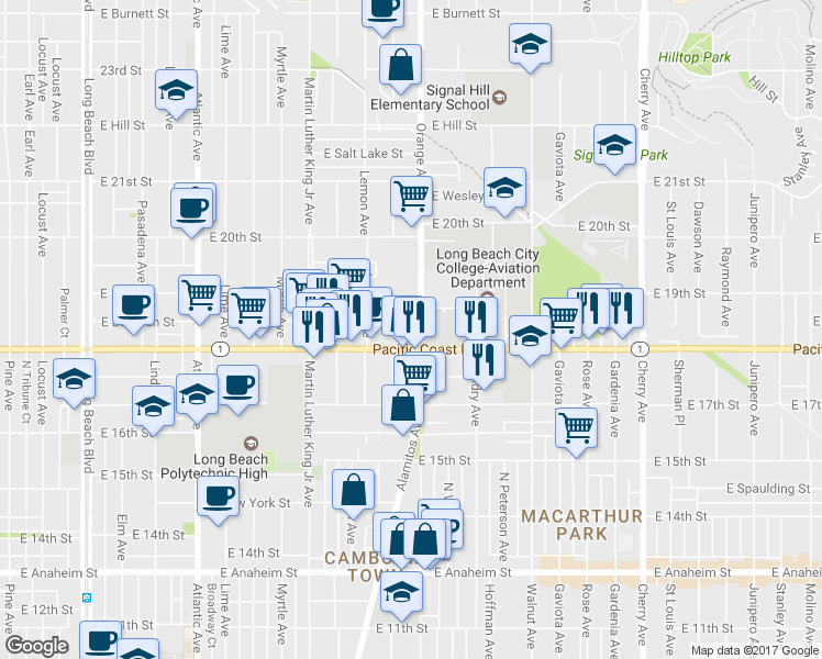 map of restaurants, bars, coffee shops, grocery stores, and more near 1847 Orange Avenue in Long Beach
