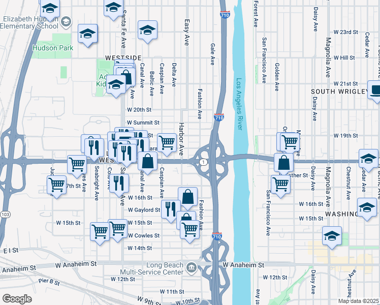 map of restaurants, bars, coffee shops, grocery stores, and more near 1831 Harbor Avenue in Long Beach