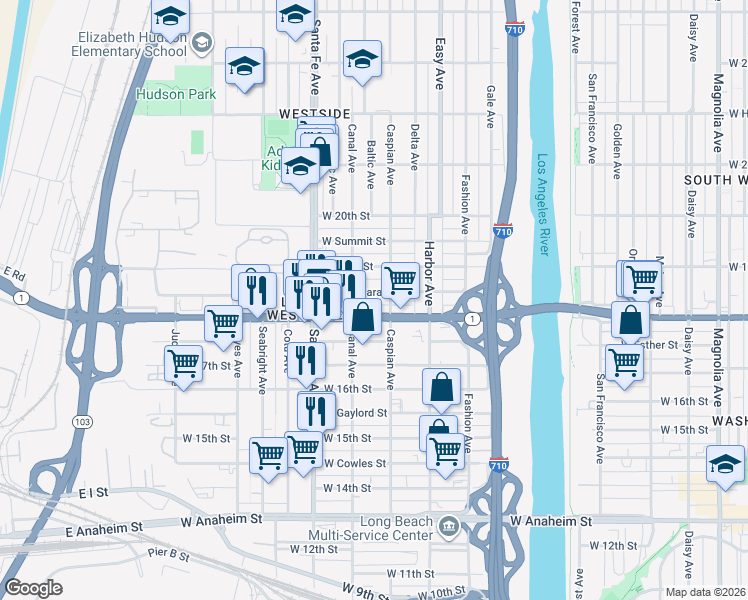 map of restaurants, bars, coffee shops, grocery stores, and more near 1560 West Parade Street in Long Beach