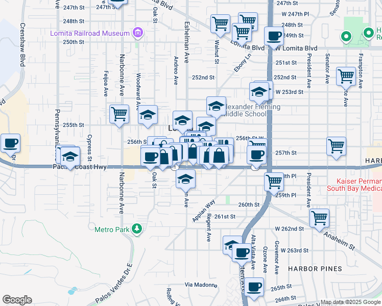 map of restaurants, bars, coffee shops, grocery stores, and more near 1956 257th Street in Lomita