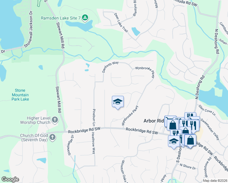 map of restaurants, bars, coffee shops, grocery stores, and more near 6770 Devon Trce in Stone Mountain