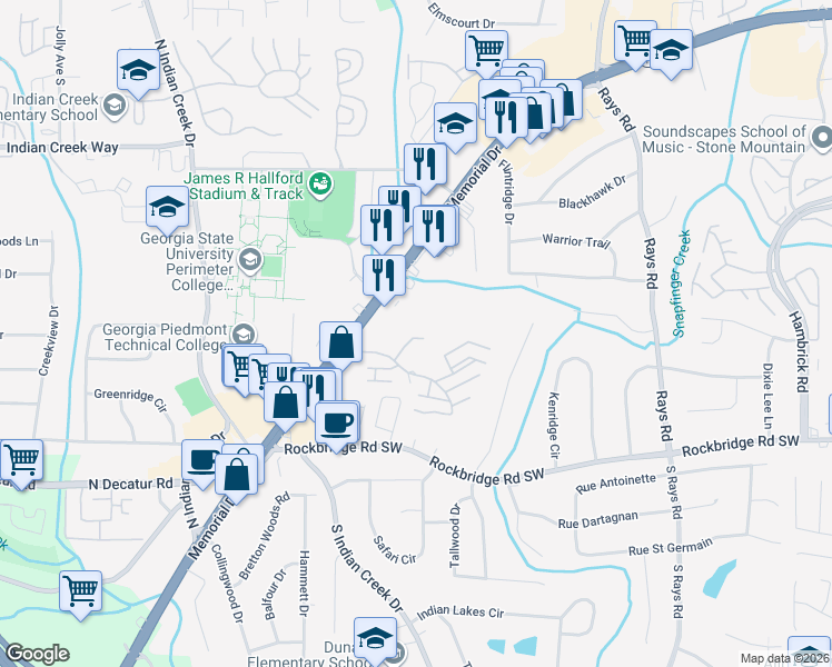 map of restaurants, bars, coffee shops, grocery stores, and more near 4947 Memorial Drive in Stone Mountain
