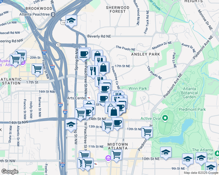map of restaurants, bars, coffee shops, grocery stores, and more near 1307 Peachtree Street Northeast in Atlanta