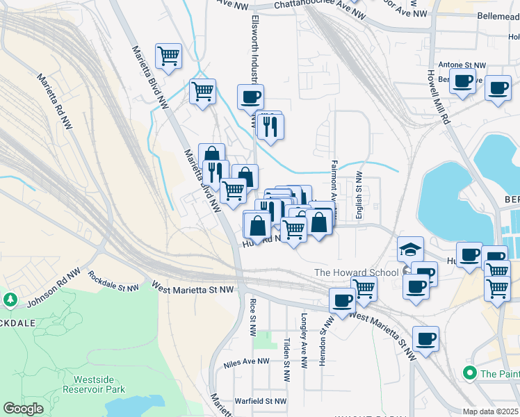 map of restaurants, bars, coffee shops, grocery stores, and more near 1228 Chelsea Circle Northwest in Atlanta