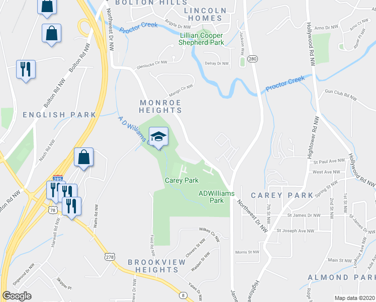 map of restaurants, bars, coffee shops, grocery stores, and more near 1292 Northwest Drive Northwest in Atlanta