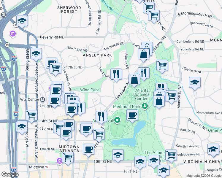 map of restaurants, bars, coffee shops, grocery stores, and more near 36 South Prado Northeast in Atlanta