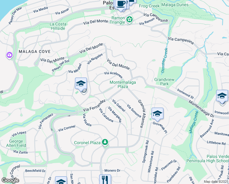 map of restaurants, bars, coffee shops, grocery stores, and more near 2229 Vía Fernandez in Palos Verdes Estates