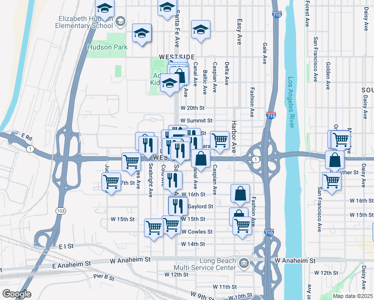 map of restaurants, bars, coffee shops, grocery stores, and more near 1630 West Parade Street in Long Beach