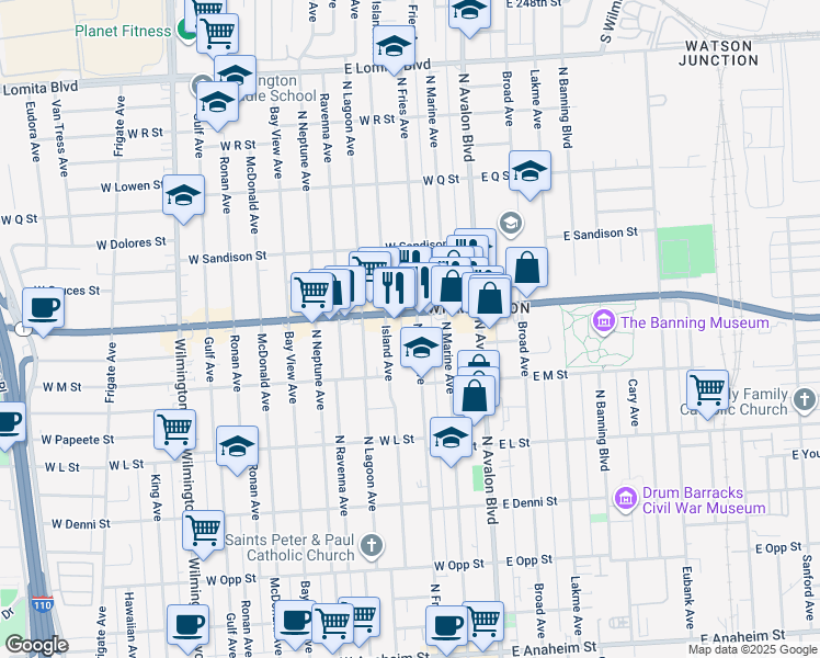 map of restaurants, bars, coffee shops, grocery stores, and more near 1349 North Fries Avenue in Los Angeles