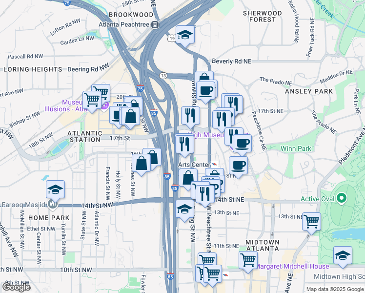 map of restaurants, bars, coffee shops, grocery stores, and more near 1314 Spring Street Northwest in Atlanta