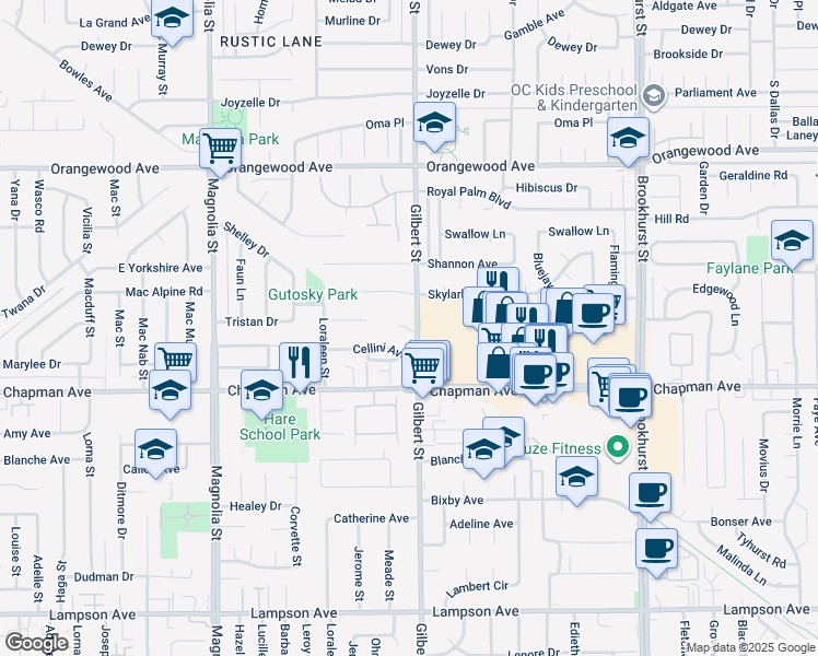 map of restaurants, bars, coffee shops, grocery stores, and more near 11851 Gilbert Street in Garden Grove