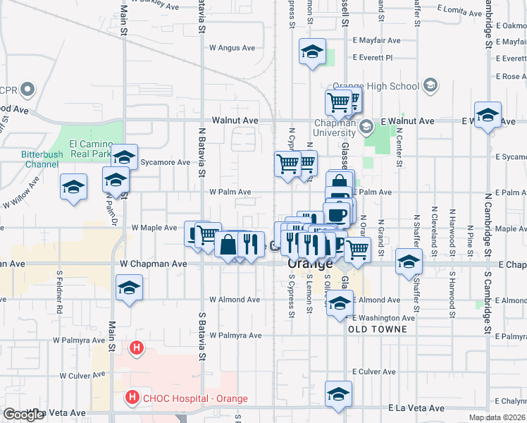 map of restaurants, bars, coffee shops, grocery stores, and more near 555 West Maple Avenue in Orange