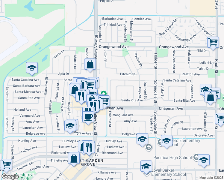 map of restaurants, bars, coffee shops, grocery stores, and more near 11852 Santa Catalina Avenue in Garden Grove
