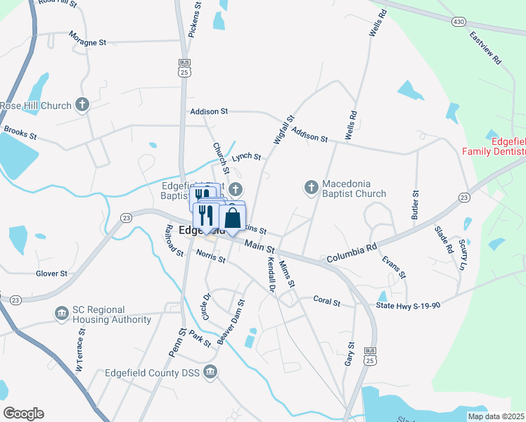 map of restaurants, bars, coffee shops, grocery stores, and more near 212 Wigfall Street in Edgefield