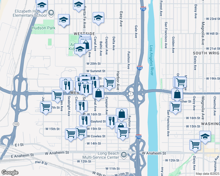 map of restaurants, bars, coffee shops, grocery stores, and more near 1444 West Parade Street in Long Beach