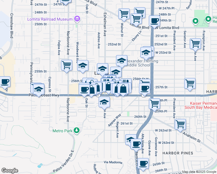 map of restaurants, bars, coffee shops, grocery stores, and more near 1956 257th Street in Lomita