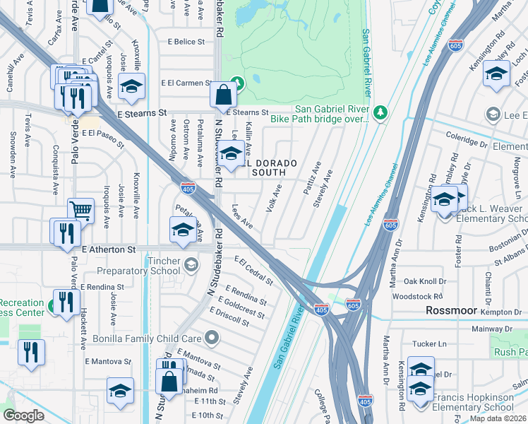 map of restaurants, bars, coffee shops, grocery stores, and more near 1857 Volk Avenue in Long Beach