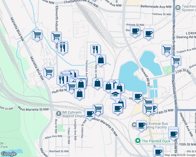 map of restaurants, bars, coffee shops, grocery stores, and more near 1305 English Street Northwest in Atlanta