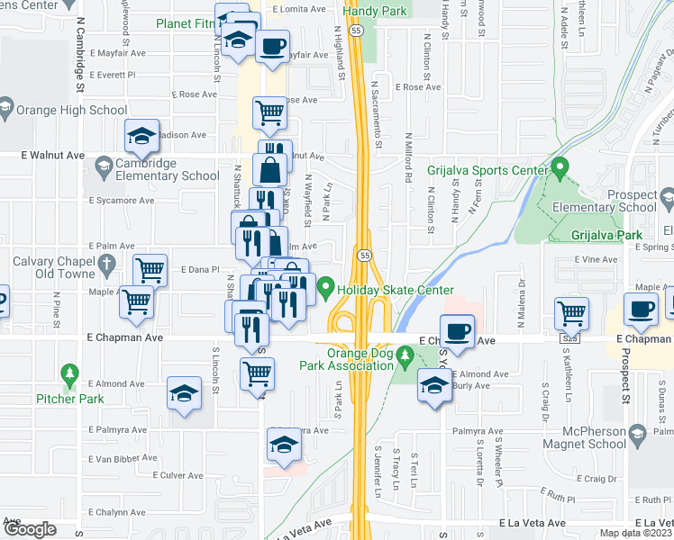 map of restaurants, bars, coffee shops, grocery stores, and more near 246 North Highland Street in Orange